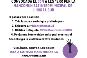 La Mancomunitat de l’Horta Sud convoca a la ciudadanía a participar en una manifestación virtual contra la violencia contra las mujeres el 25N