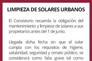 El Consistorio de Requena recuerda la obligación del mantenimiento y limpieza de solares antes del 1 de junio