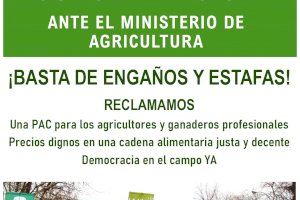 Un centenar de representants de LA UNIÓ es concentrarà aquest dimecres a les portes del Ministeri d'Agricultura per a reclamar una PAC per als professionals, una llei de la cadena alimentària justa i que arribe la democràcia al camp