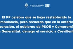 El PP de Crevillent critica que "tardar 9 años en conseguir la ambulancia 24 horas desde la Generalitat, no es para estar orgullosos"