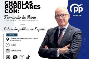 El PP de Gandia arranca su ciclo de "Charlas populares" con el diputado nacional Fernando de Rosa para tratar la Ley de Amnistía