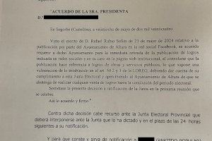 La Junta Electoral obliga a la alcaldesa de Altura a retirar propaganda electoral "por aprovecharse de las redes sociales del ayuntamiento"