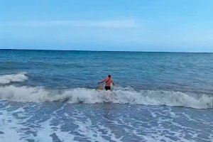 Un agente de la Policía Local de Villajoyosa rescata un bañista entre fuerte oleaje del mar en la playa del Bol Nou