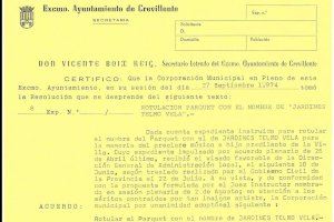 El Archivo Municipal de Crevillent conmemora el 50 aniversario de la denominación de los Jardines de Telmo Vela