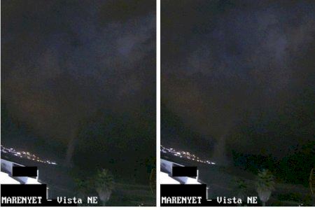 Una tromba marina se pasea por la costa de Cullera en plena tormenta